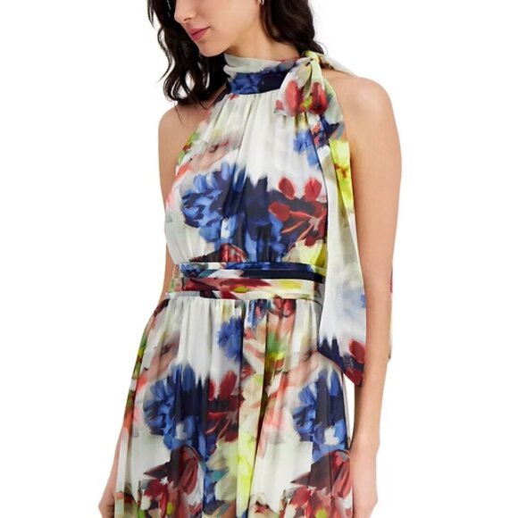 MSRP $159.00 NWT Anne Klein Printed Tie-Neck Sleeveless Smocked-Waist Maxi Dress - Picture 5 of 10